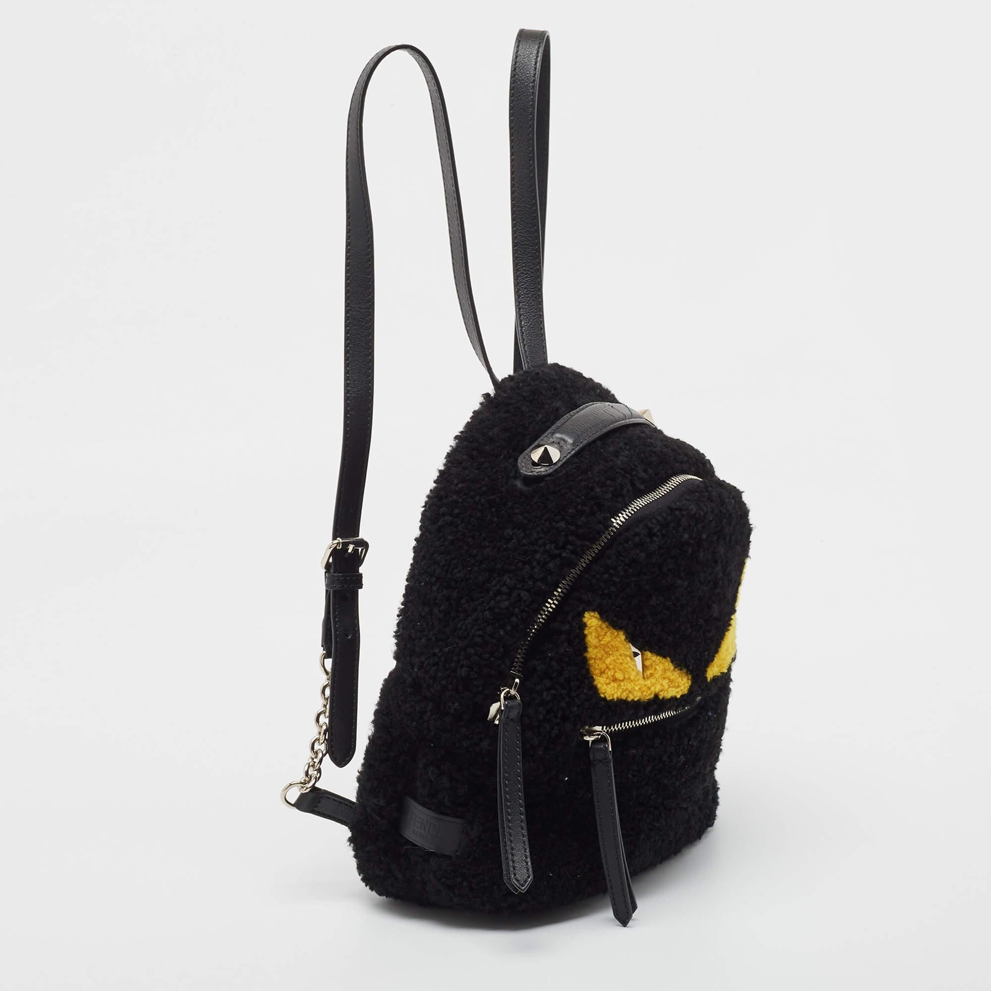 Women's Fendi Black Shearling and Leather Monster Backpack For Sale