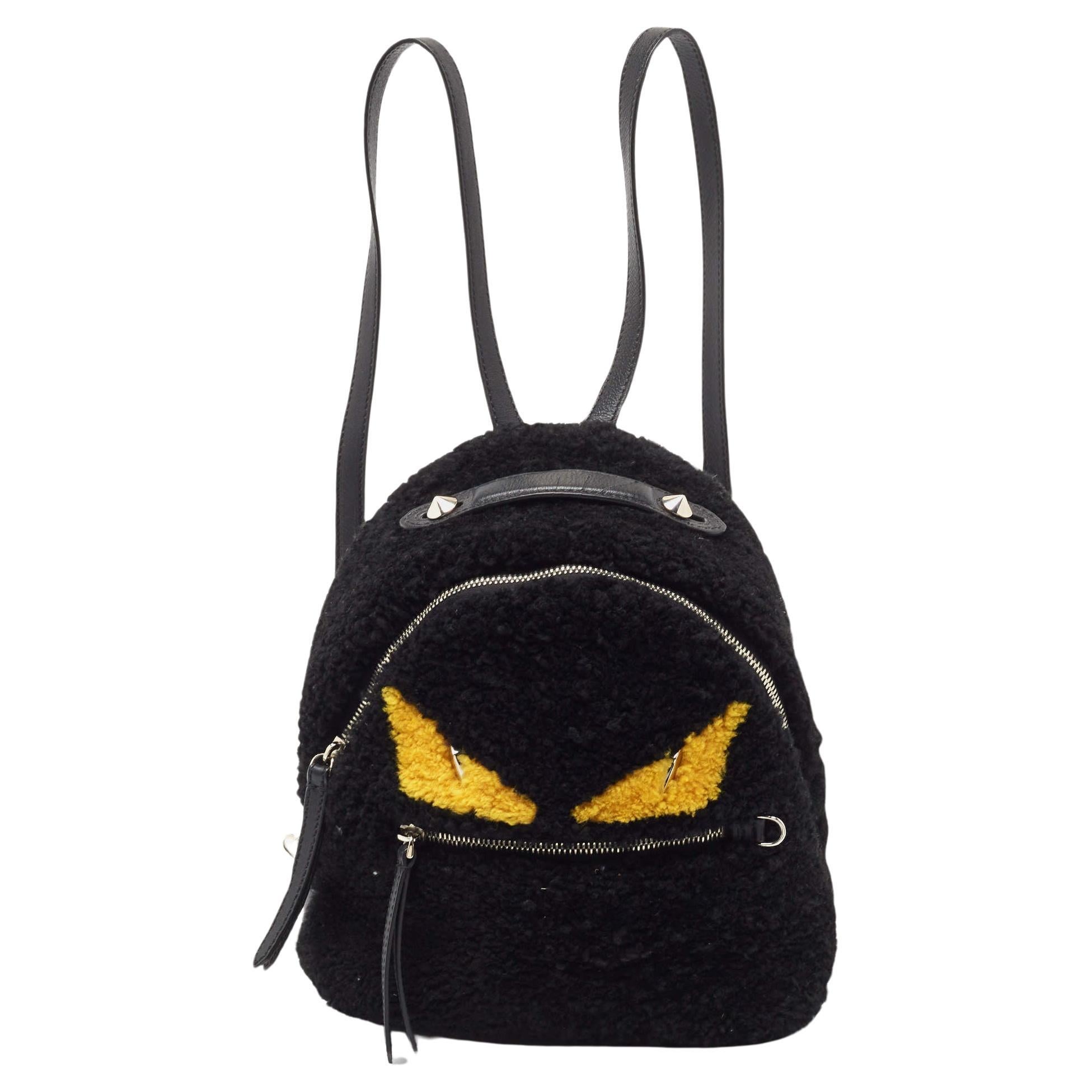 Fendi Monster-Rucksack aus schwarzem Shearzem Shearling und Leder