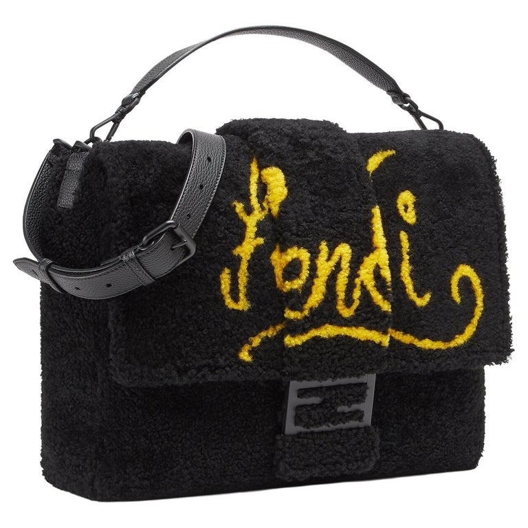 Fendi Black Shearling Large Baguette Messenger Bag For Sale at 1stDibs