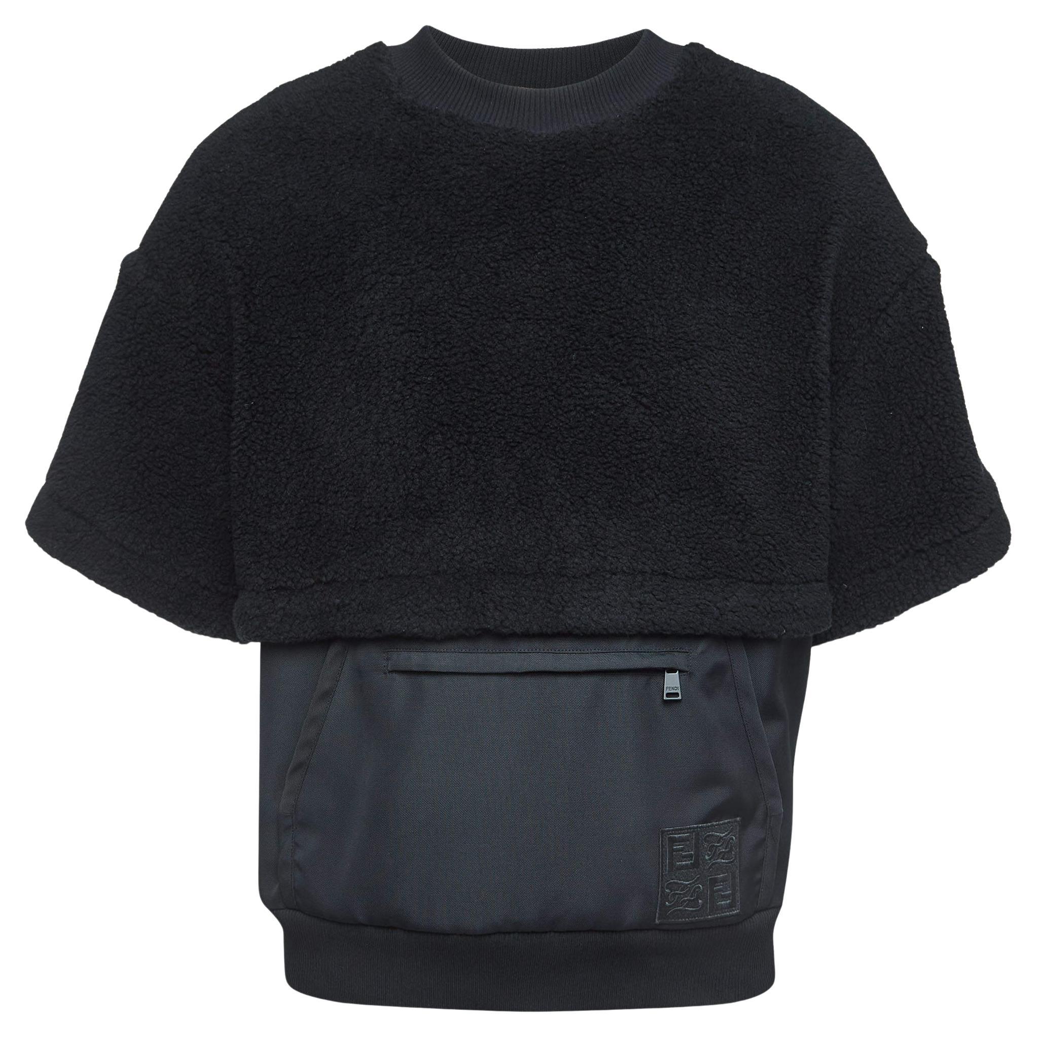Fendi Black Shearling Pocket Detail Crew Neck Sweater S For Sale