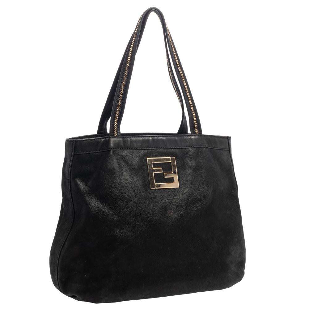 Women's Fendi Black Shimmery Suede Chain Detail Handle Tote