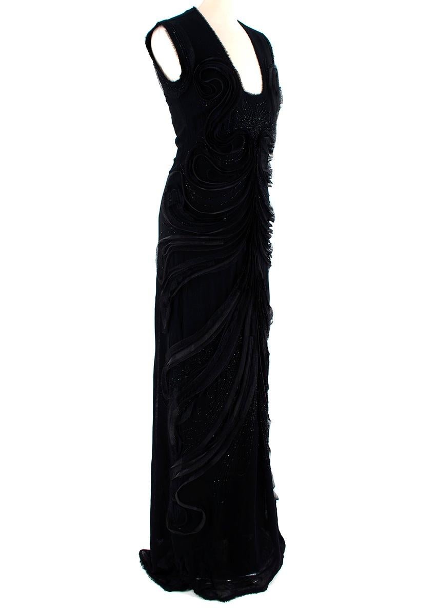 Fendi Black Silk Chiffon 3-D Embellished Sleeveless Gown
 

 - Column style evening gown crafted from silk chiffon, with raw-edge details
 - Swirling 3-D embellishment of technical mesh, junxtaposed with faux-jet beadwork mirroring the flowing