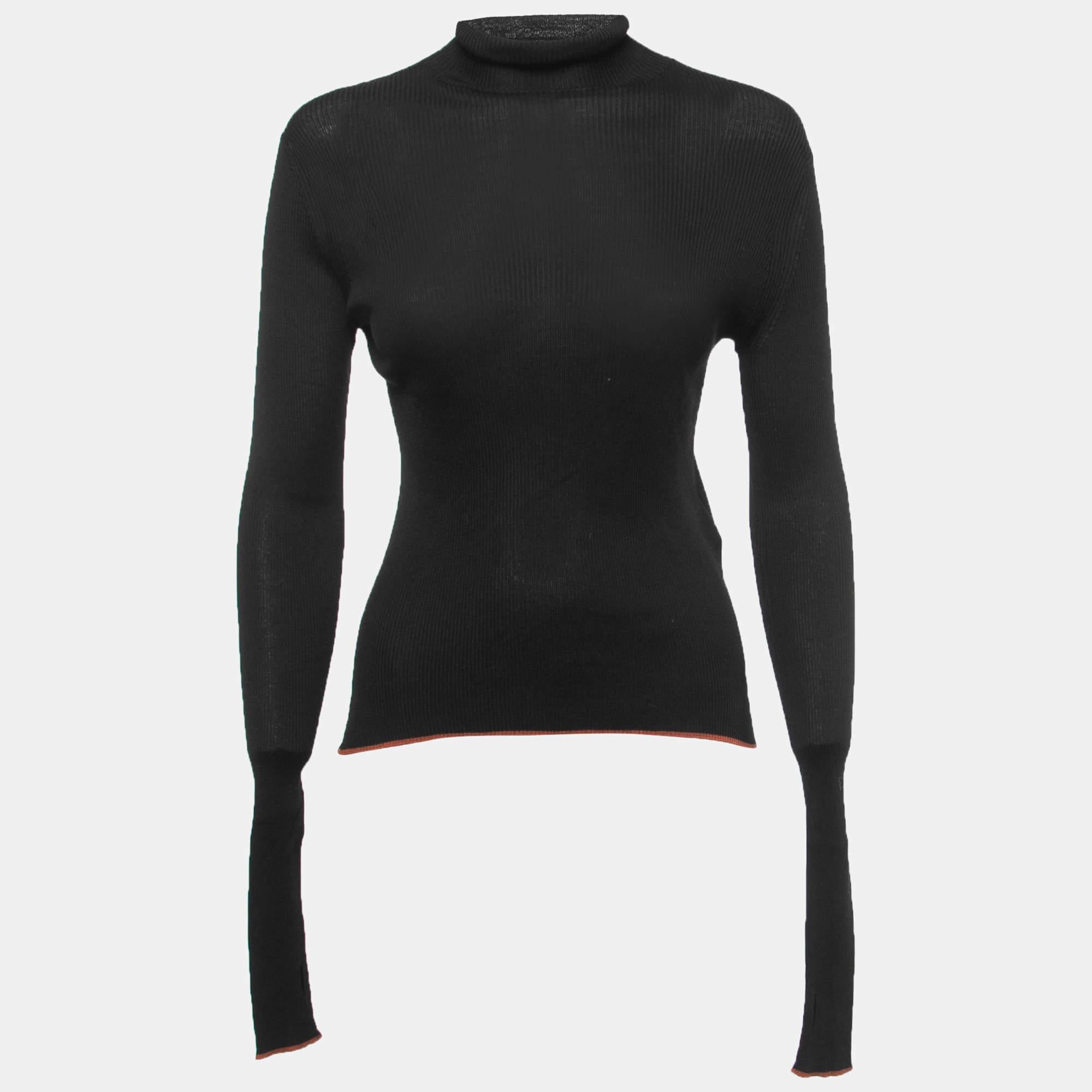 Fendi Black Silk Knit Contrast Hem Detail Turtleneck Pullover M For Sale 2