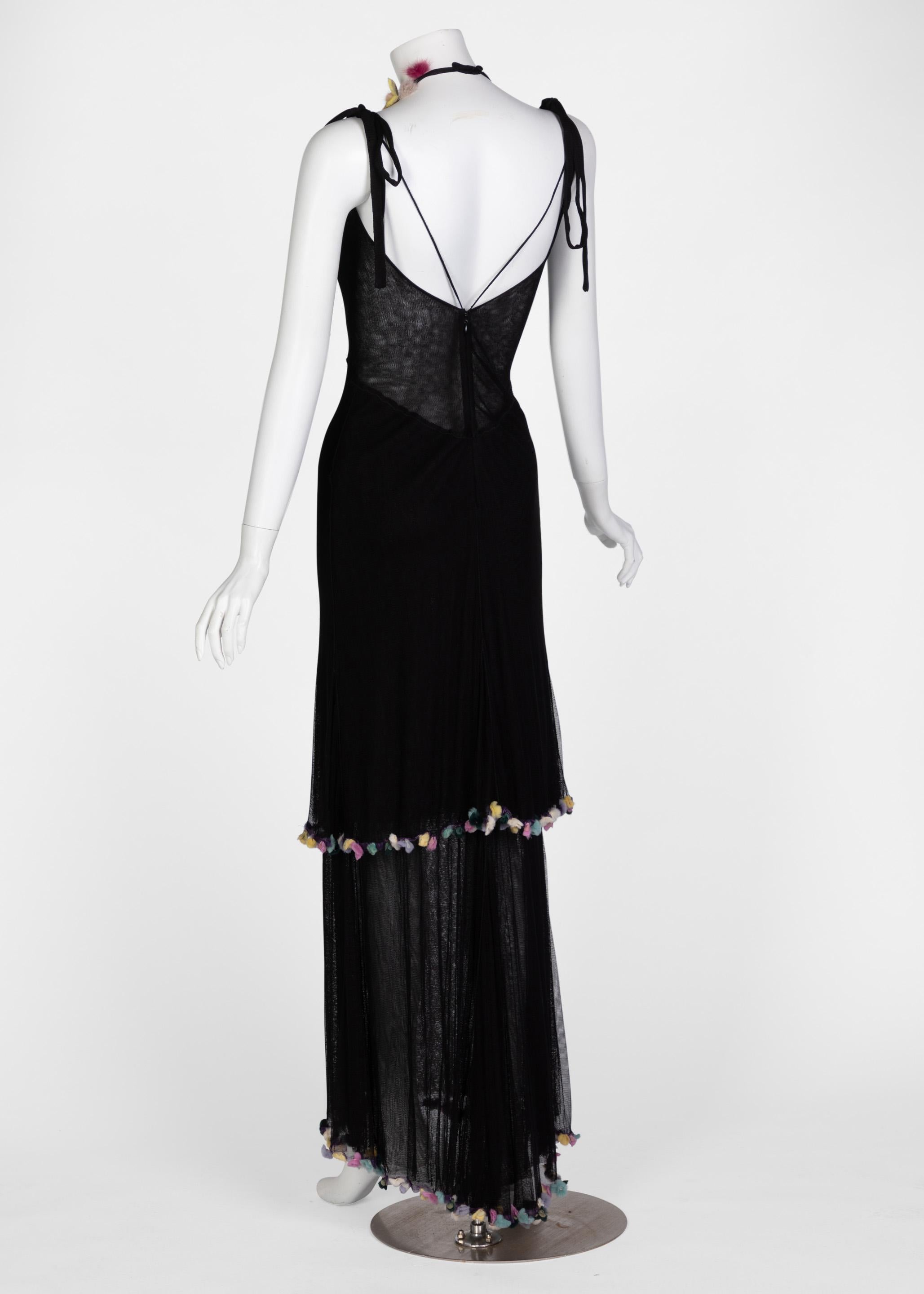 Fendi Vestido maxi de malla de seda negra con capas y apliques florales de piel de reloj de arena en Excelente Estado en Boca Raton, FL