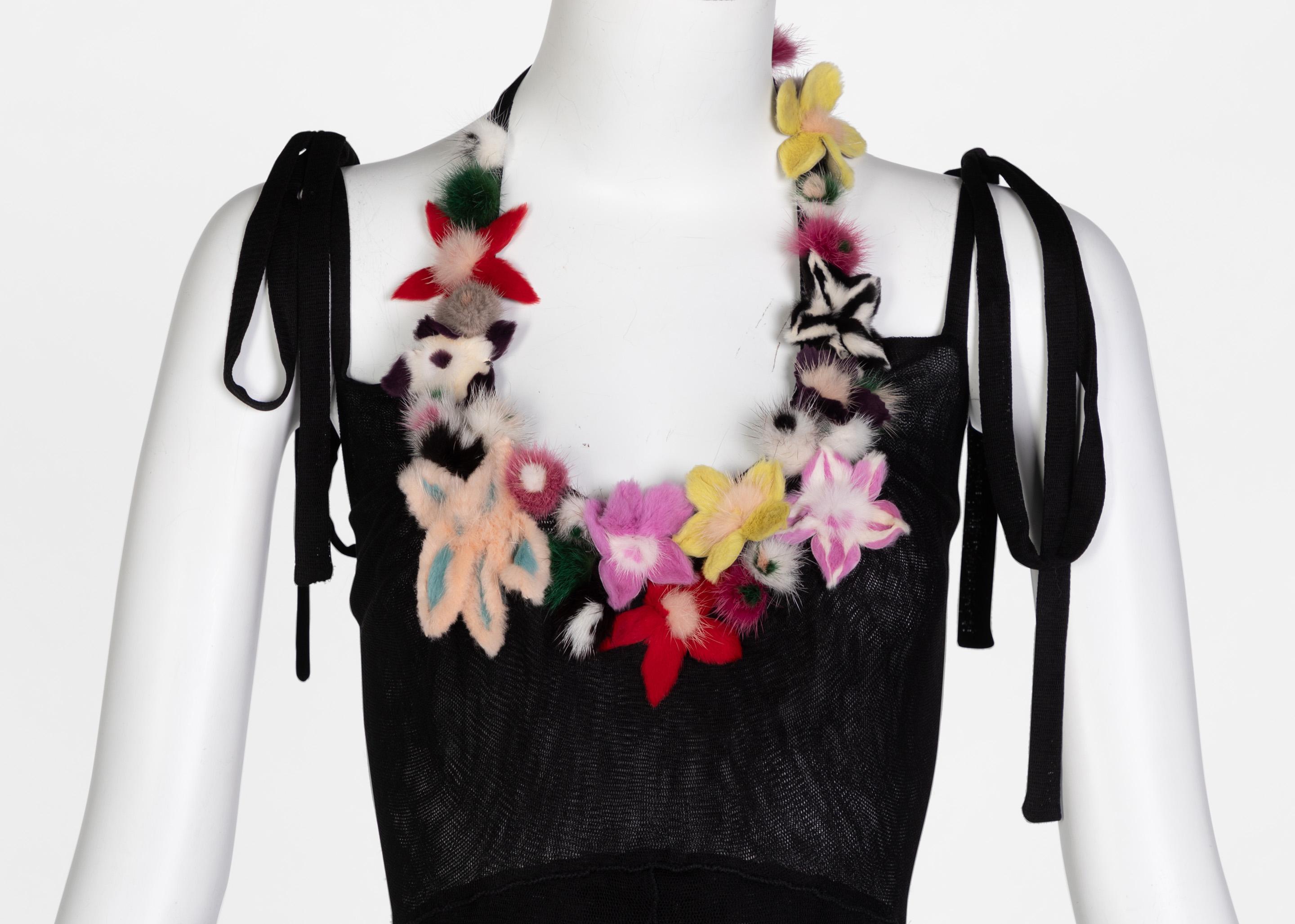 Fendi Black Silk Mesh Tiered Hourglass Fur Floral Applique Maxi Dress In Excellent Condition In Boca Raton, FL