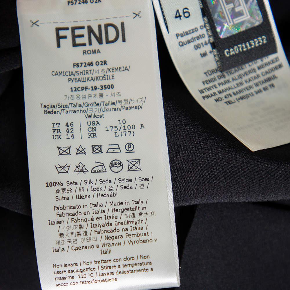 Fendi Black Silk V Neck Collared Button Front Shirt L 2