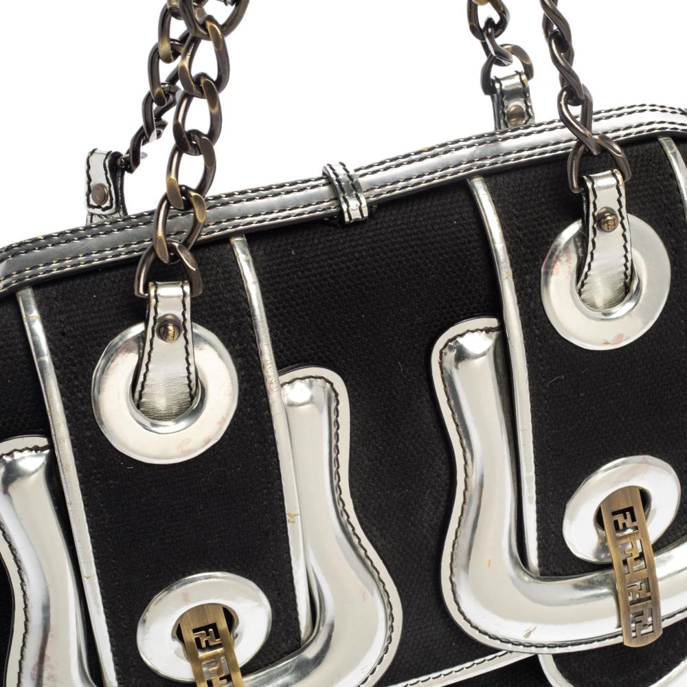 Fendi Black/Silver Canvas and Patent Leather B Bis Shoulder Bag 2