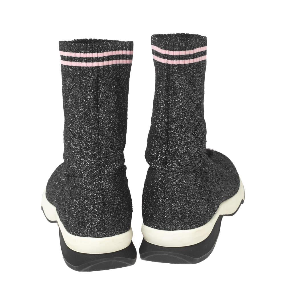 Fendi Black/Silver Glitter Knit Fabric High-Top Sock Sneakers Size 38 In Good Condition For Sale In Dubai, Al Qouz 2