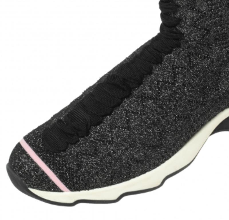 Women's Fendi Black/Silver Glitter Knit Fabric High-Top Sock Sneakers Size 38 For Sale