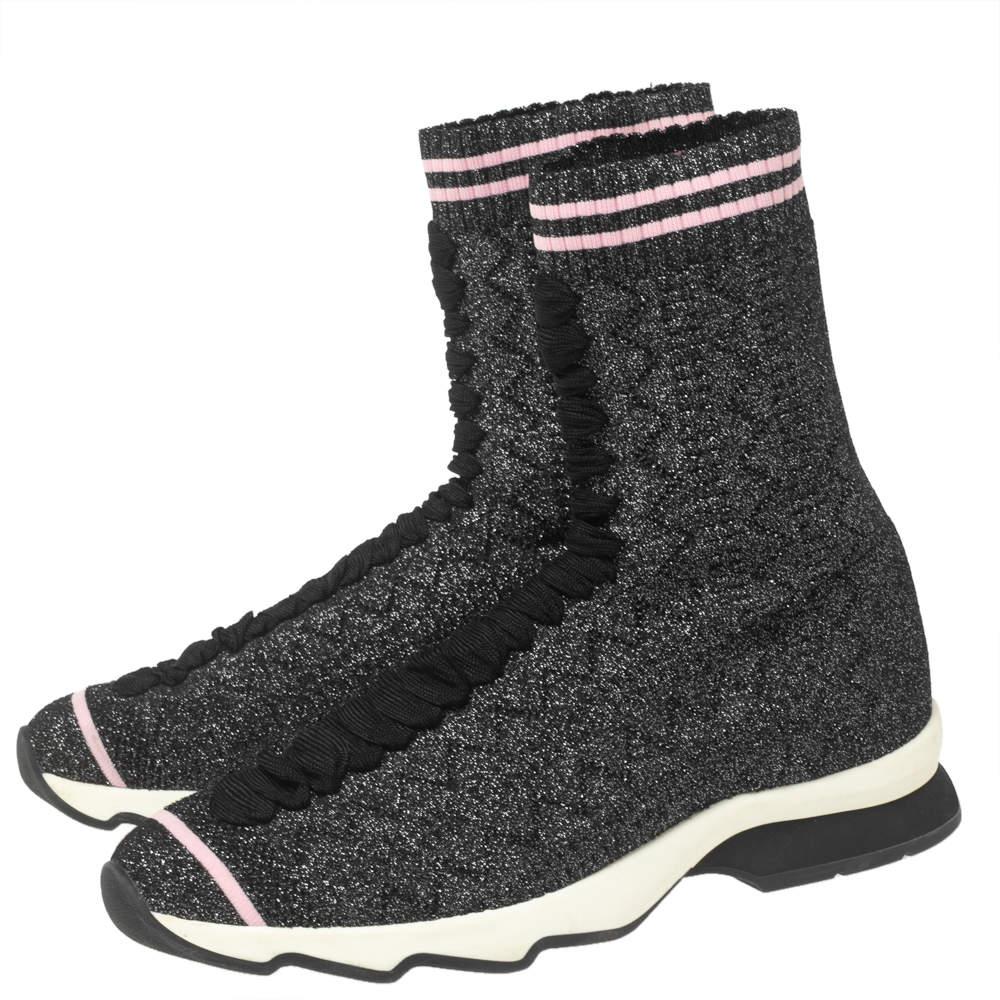 Women's Fendi Black/Silver Glitter Knit Fabric High-Top Sock Sneakers Size 38 For Sale