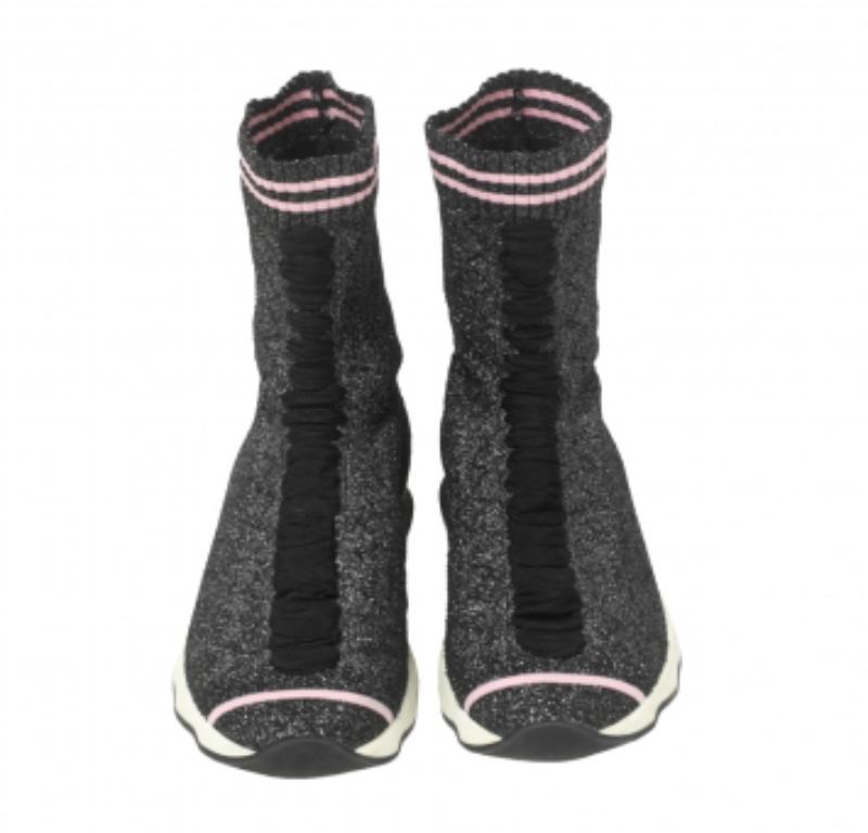 Fendi Black/Silver Glitter Knit Fabric High-Top Sock Sneakers Size 38 For Sale 1