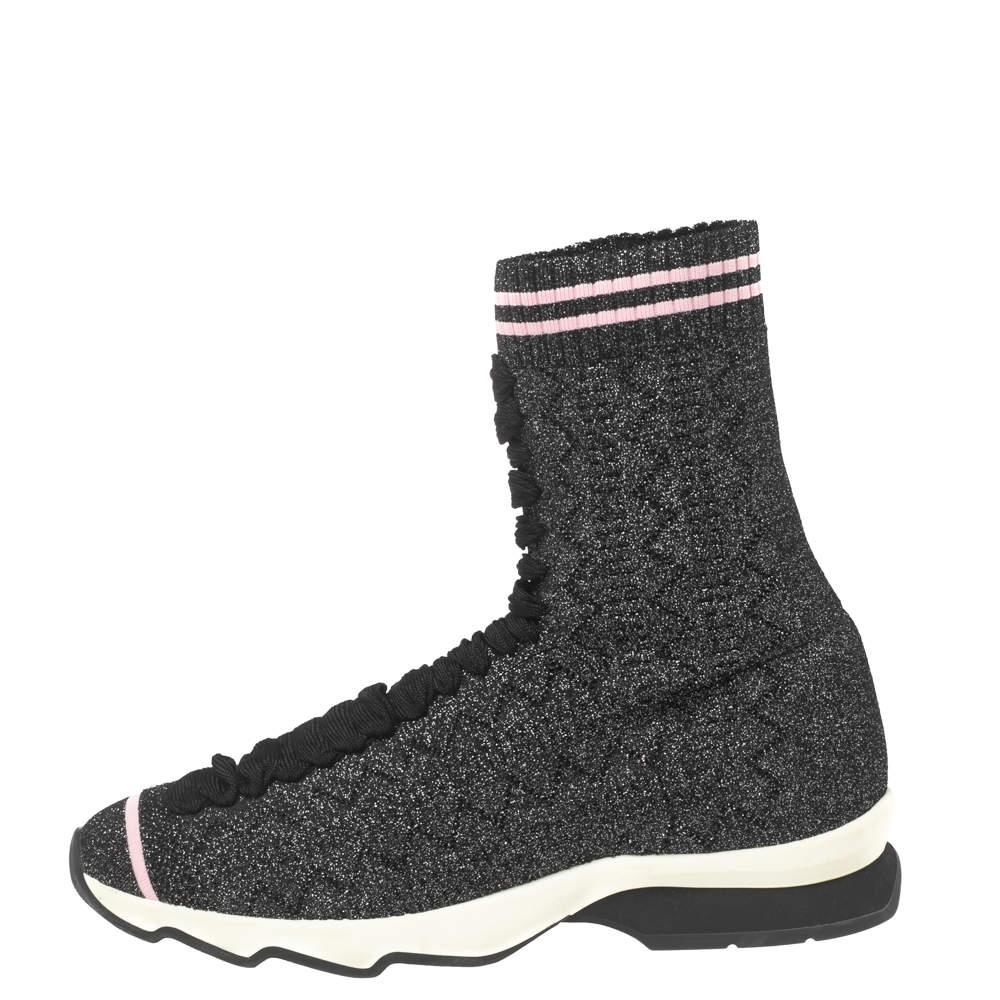 Fendi Black/Silver Glitter Knit Fabric High-Top Sock Sneakers Size 38 For Sale 1