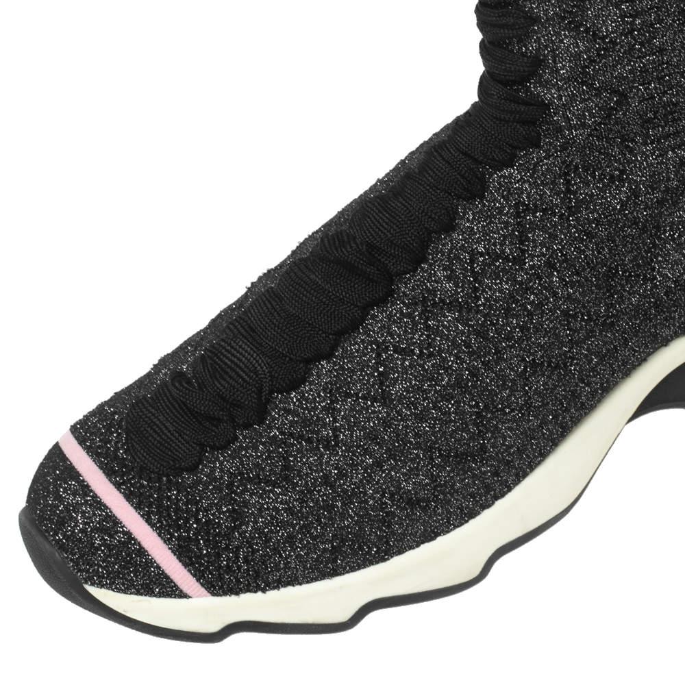 Fendi Black/Silver Glitter Knit Fabric High-Top Sock Sneakers Size 38 For Sale 3