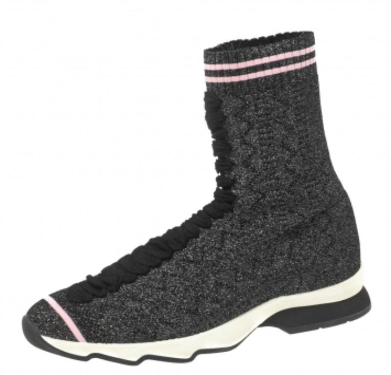Fendi Black/Silver Glitter Knit Fabric High-Top Sock Sneakers Size 38 For Sale 4