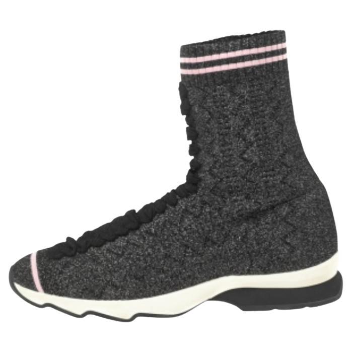 Fendi Black/Silver Glitter Knit Fabric High-Top Sock Sneakers Size 38 For Sale
