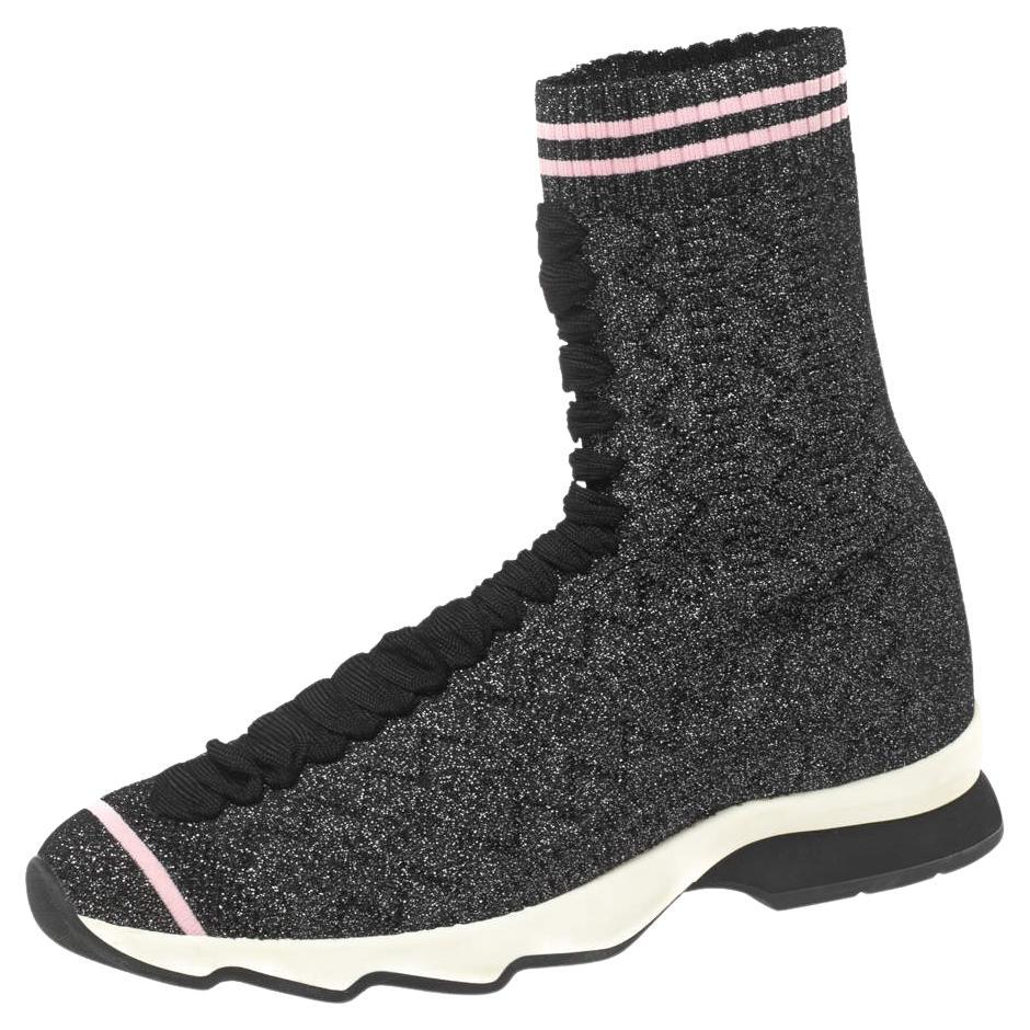 Fendi Black/Silver Glitter Knit Fabric High-Top Sock Sneakers Size 38 For Sale