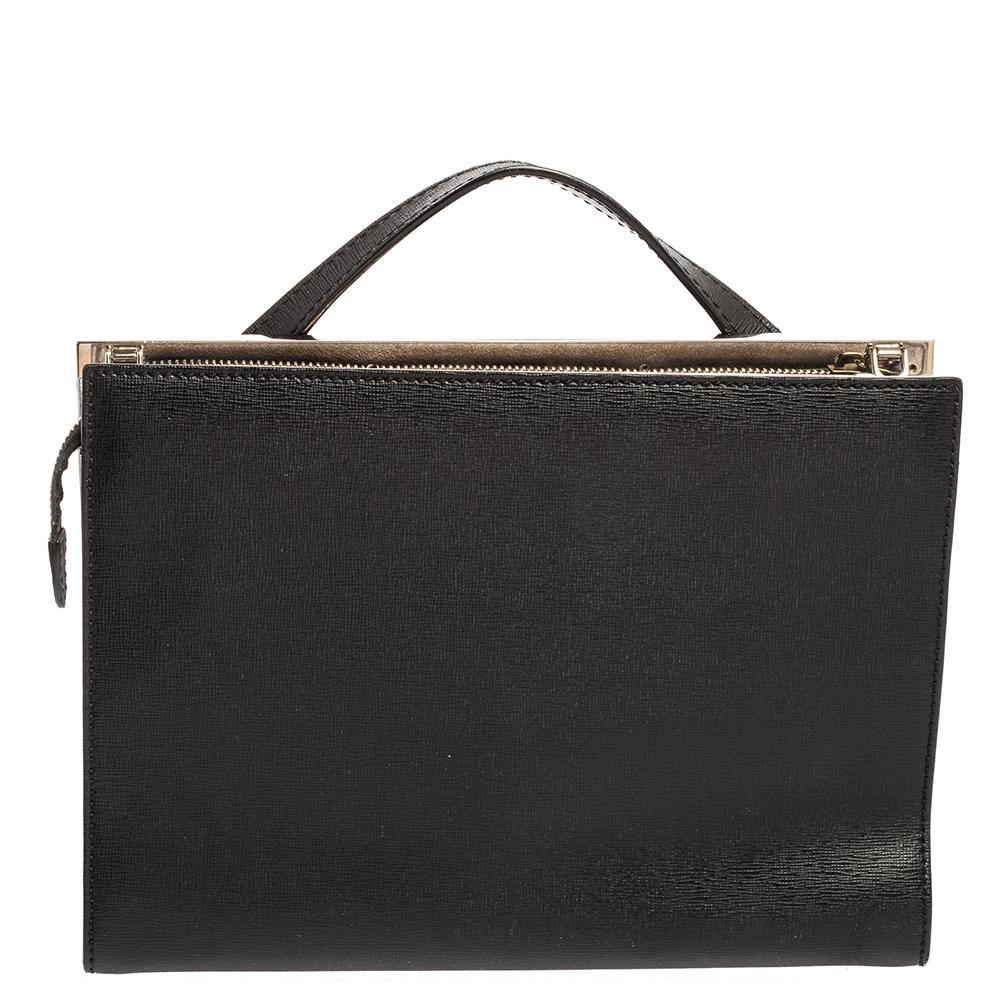 his Demi Jour bag from the House of Fendi is not only lovely to look at but is also handy and durable. It has been crafted from black-silver leather, with a logo accent highlighting the front. This bag is accentuated with a sturdy handle,