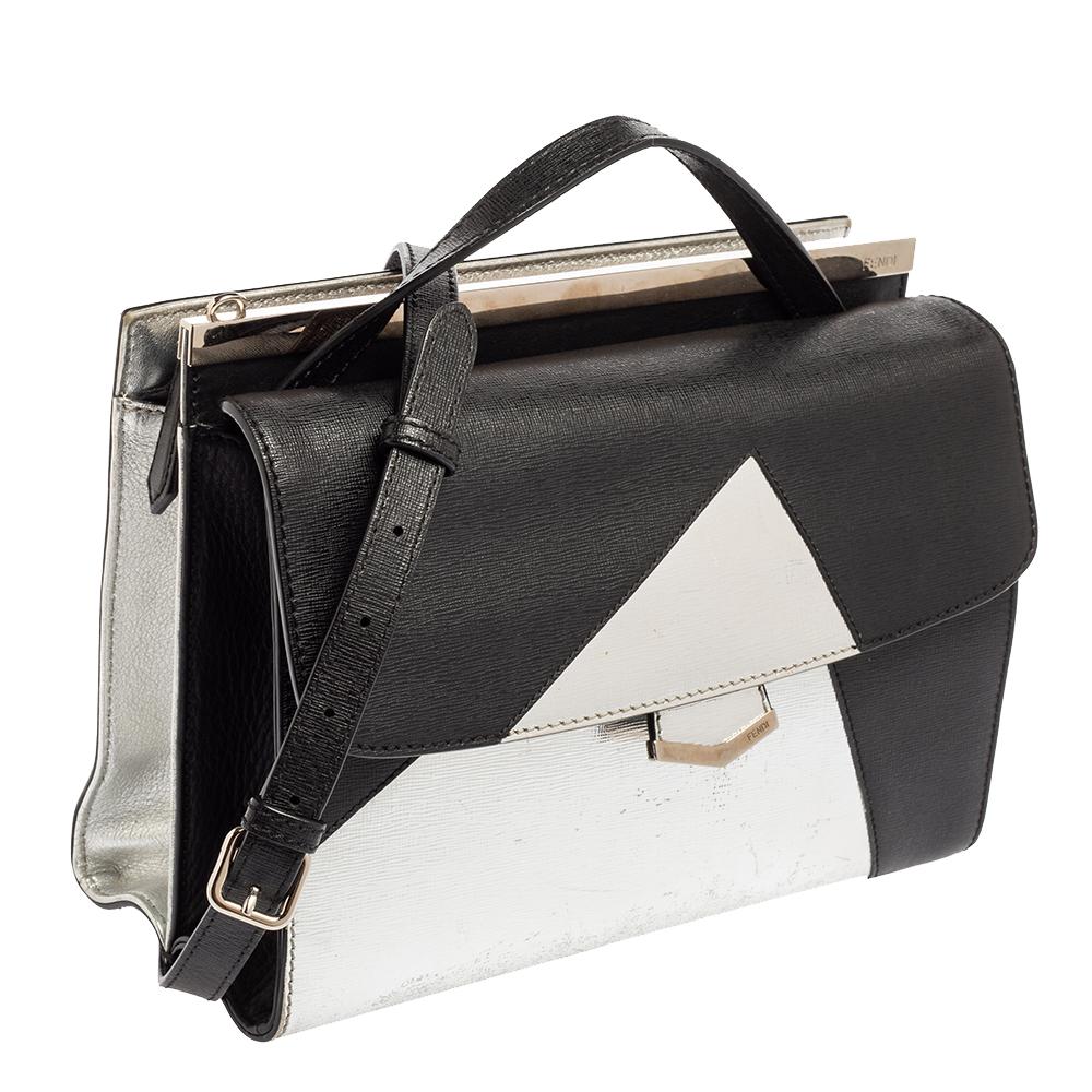 Fendi Black/Silver Leather Small Demi Jour Top Handle Bag In Good Condition In Dubai, Al Qouz 2
