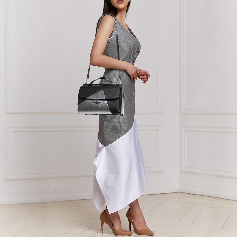 Fendi Black/Silver Textured Leather Small Demi Jour Top Handle Bag In Good Condition In Dubai, Al Qouz 2