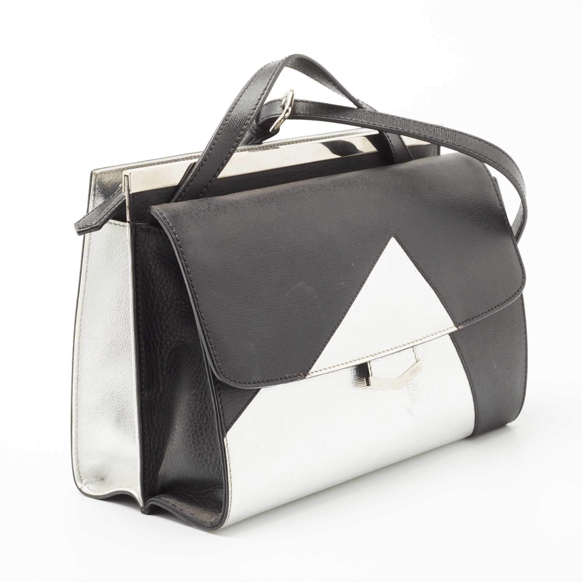 Women's Fendi Black/Silver Textured Leather Small Demi Jour Top Handle Bag
