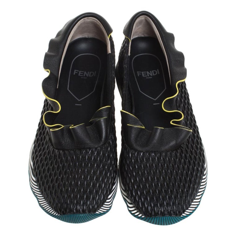 Fendi Black Smocked Leather Ruffle Trim Slip On Sneakers Size 38 For Sale At 1stdibs