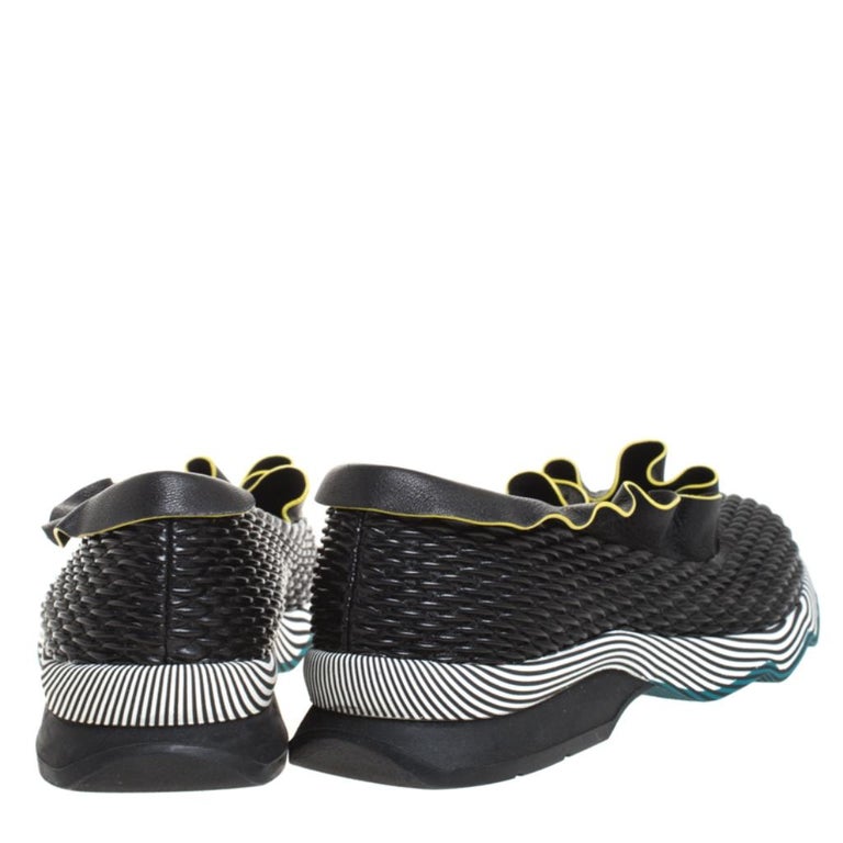Fendi Black Smocked Leather Ruffle Trim Slip On Sneakers Size 38 For Sale At 1stdibs