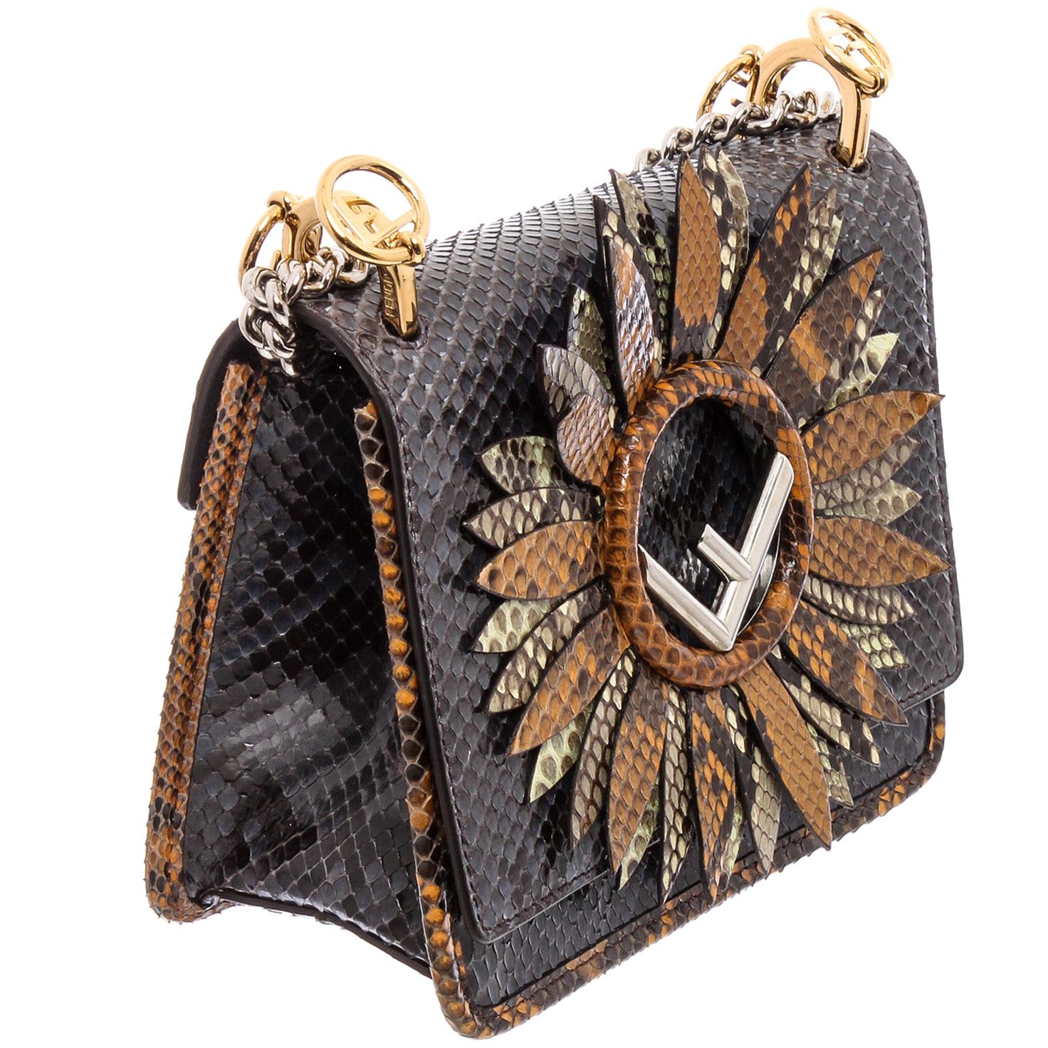 Fendi Black Snakeskin Floral Kan I Accented Micro Bag For Sale