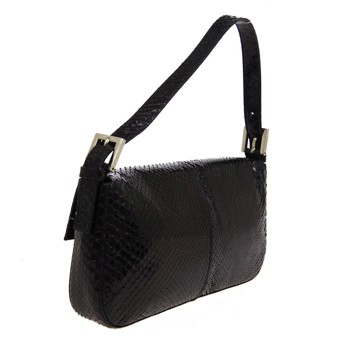 Women's Fendi Black Snakeskin Silver Small Evening Top Handle Satchel Flap Bag