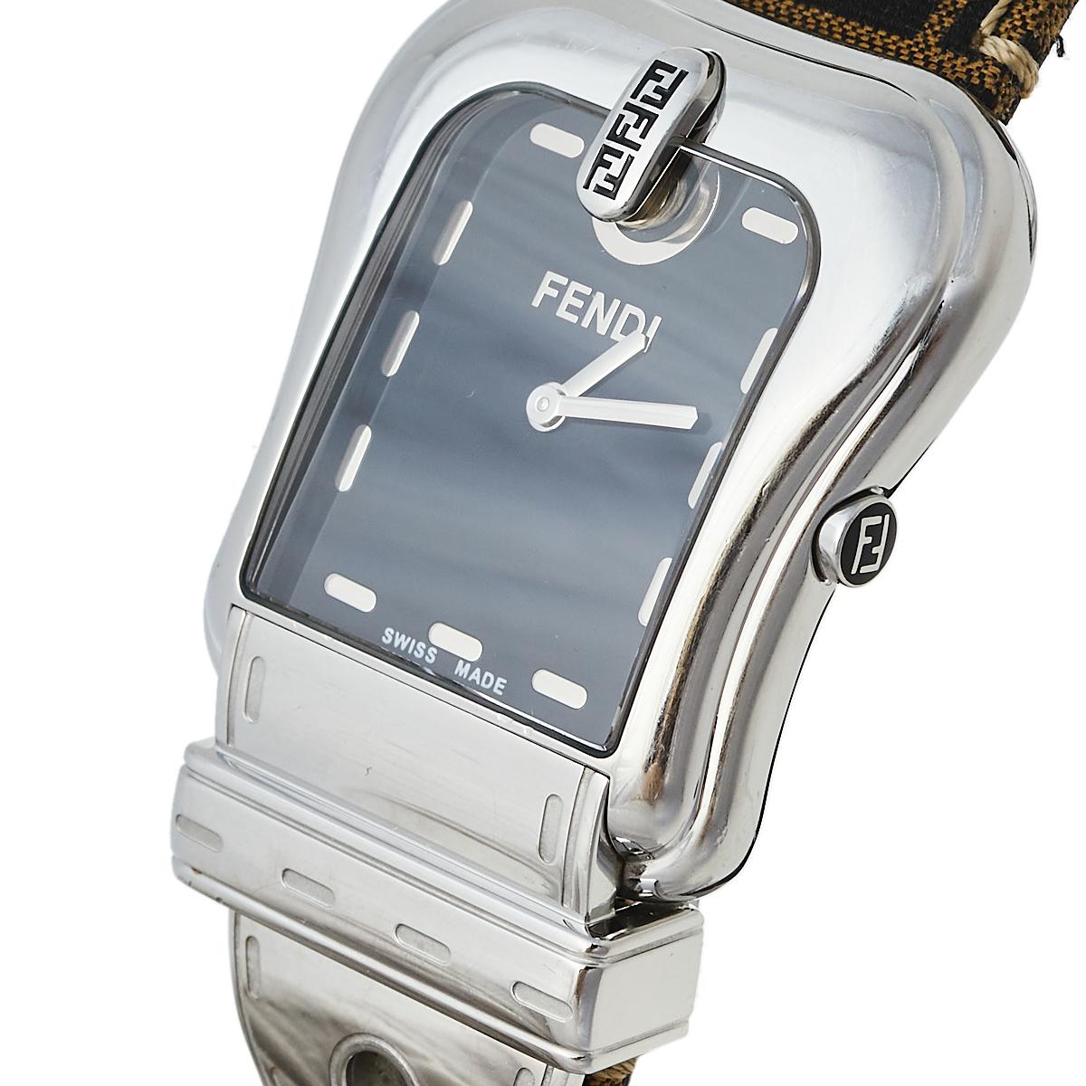 Fendi continues to carry the legacy of designing popular and innovative designs. This Fendi women’s wristwatch is designed with a durable stainless steel case shaped like a buckle. It has a black dial with unique-looking hour markers and two hands.