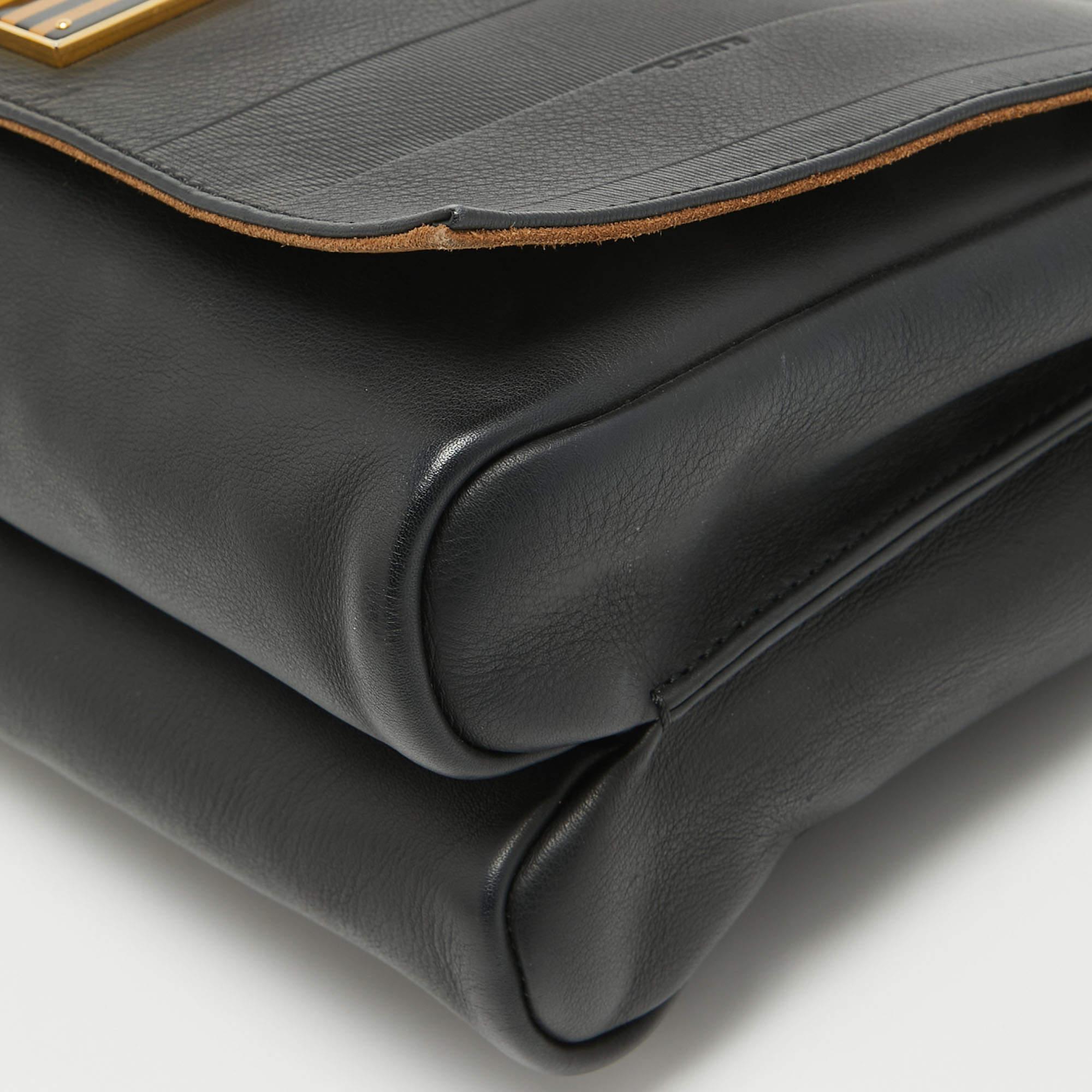 Fendi Black Stripe Embossed Leather Large Claudia Shoulder Bag For Sale 9
