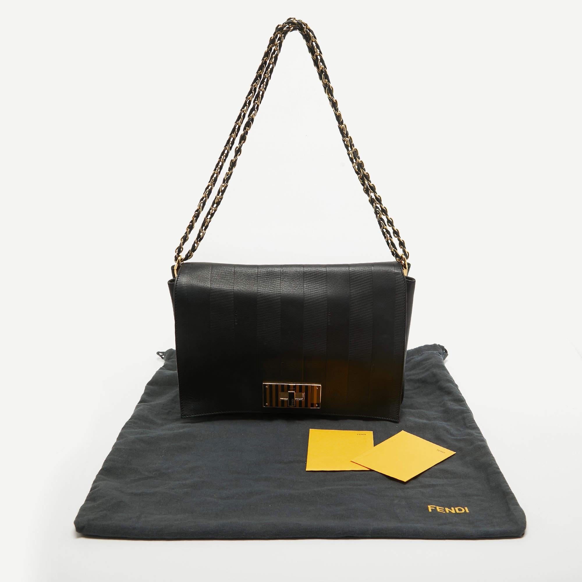 Fendi Black Stripe Embossed Leather Large Claudia Shoulder Bag For Sale 10