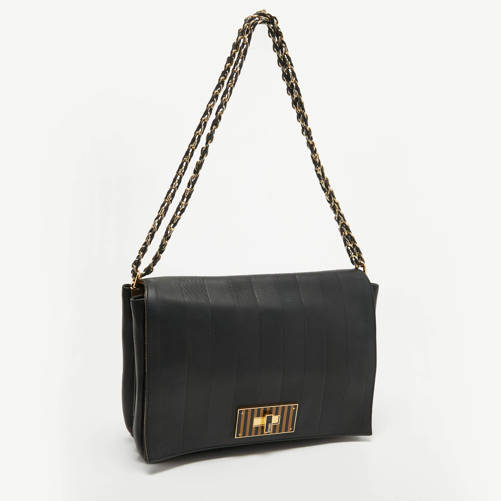 Women's Fendi Black Stripe Embossed Leather Large Claudia Shoulder Bag For Sale
