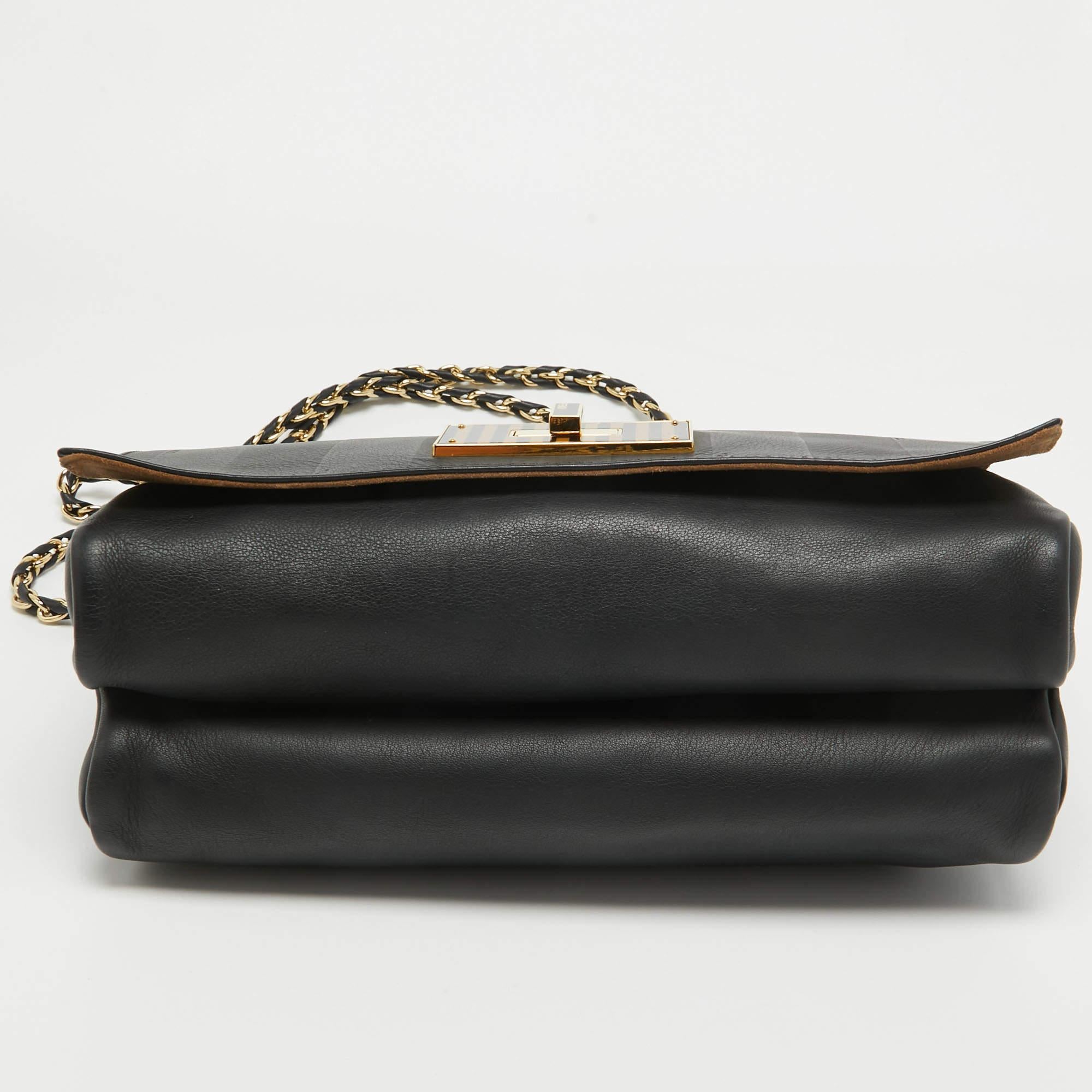 Fendi Black Stripe Embossed Leather Large Claudia Shoulder Bag For Sale 1