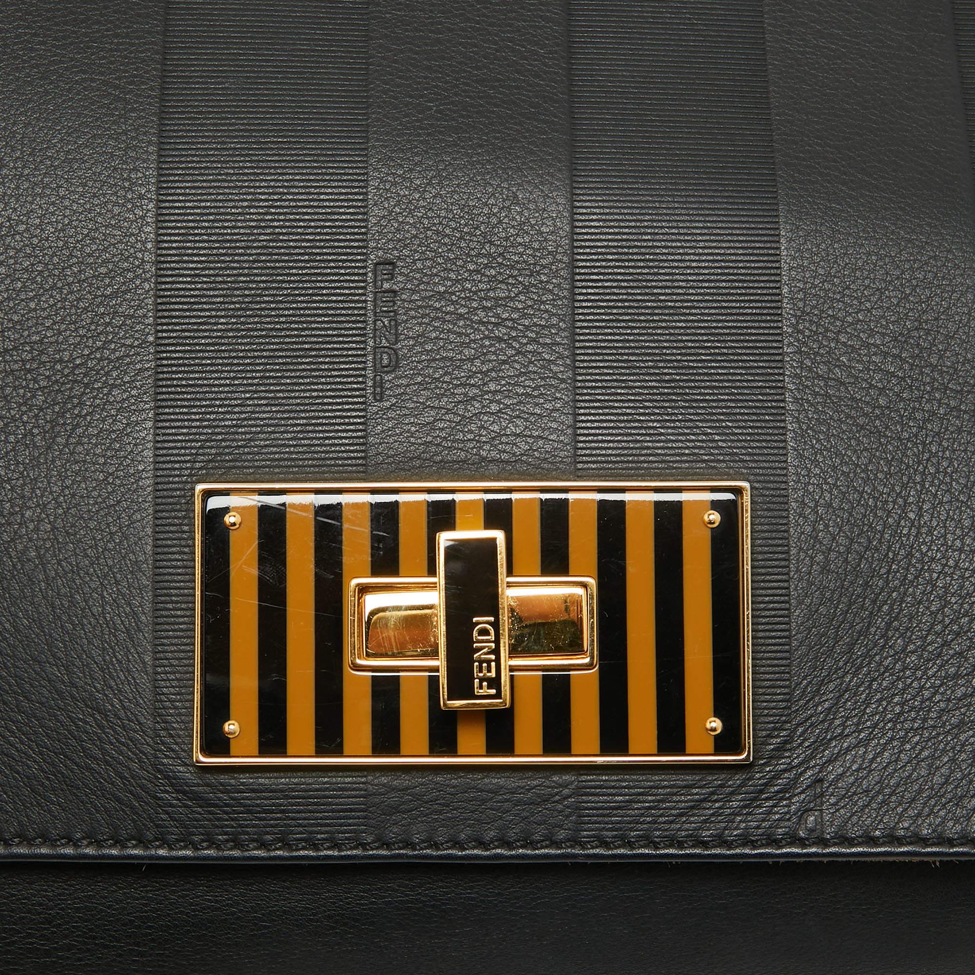 Fendi Black Stripe Embossed Leather Large Claudia Shoulder Bag For Sale 3