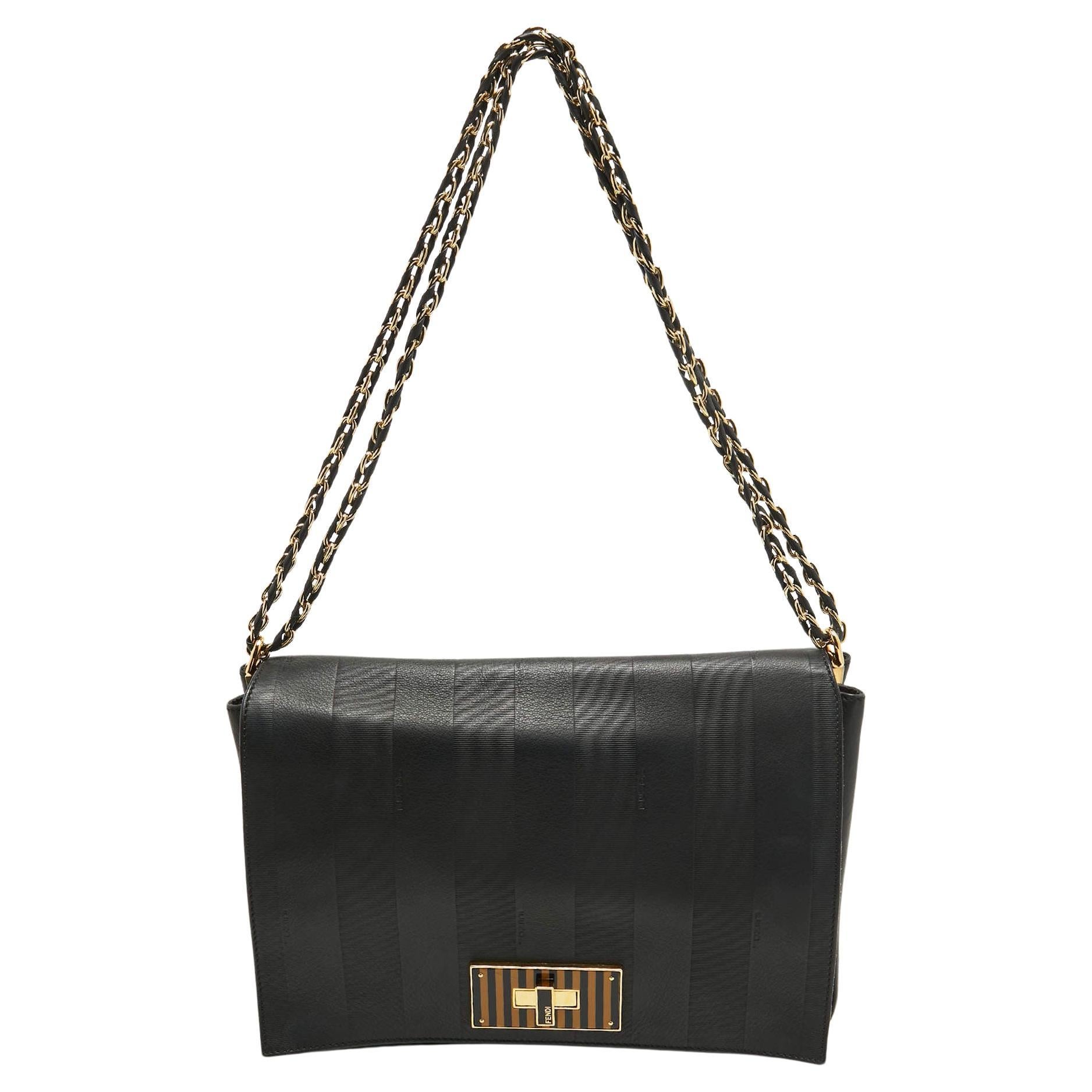 Fendi Black Stripe Embossed Leather Large Claudia Shoulder Bag For Sale