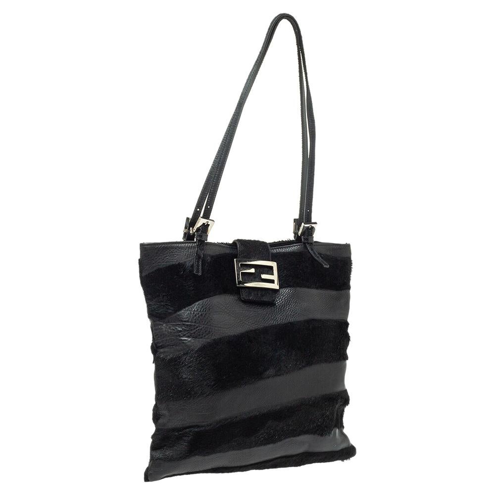 Fendi Black Stripe Leather and Calfhair FF Flap Tote 1