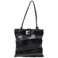Fendi Black Stripe Leather and Calfhair FF Flap Tote