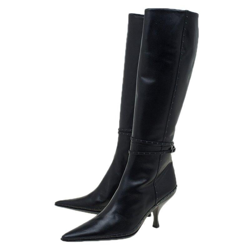 Women's Fendi Black Studded Leather Knee Length Boots Size 40