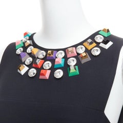 FENDI black studded rhinestone neckline leather patch pocket dress IT42 M