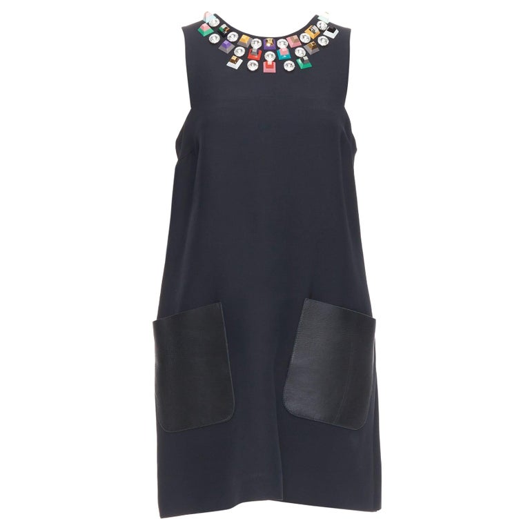 FENDI black studded rhinestone neckline leather patch pocket dress IT42 M