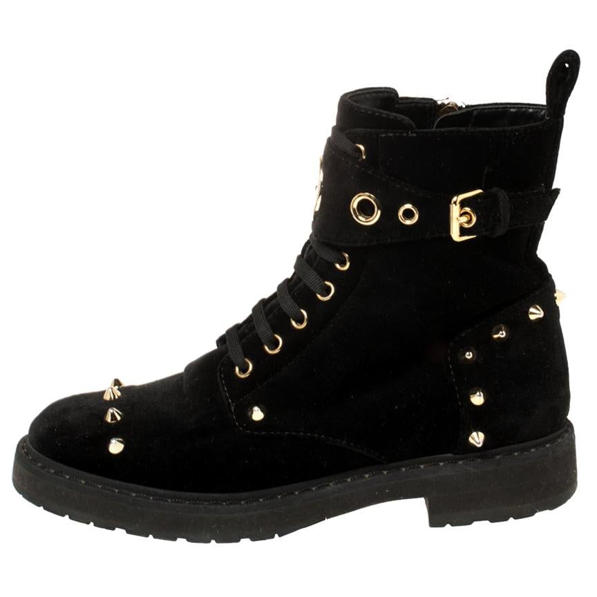 Fendi Black Studded Velvet F Logo Ankle Boots Size 36