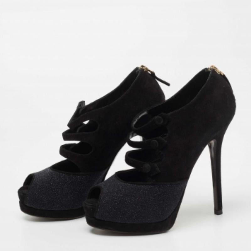 Fendi Black Suede and Glitter Peep Toe Booties Size 36 In Good Condition For Sale In Dubai, Al Qouz 2