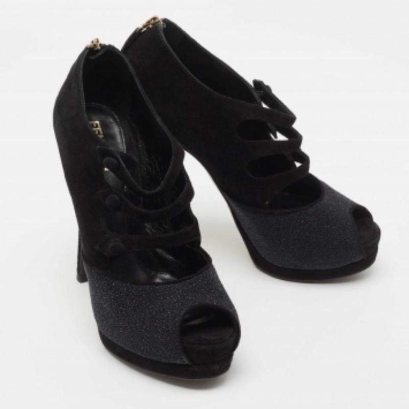 Women's Fendi Black Suede and Glitter Peep Toe Booties Size 36 For Sale