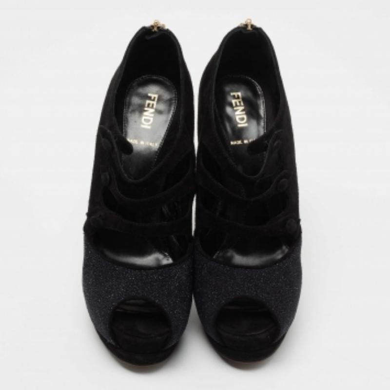 Fendi Black Suede and Glitter Peep Toe Booties Size 36 For Sale 1