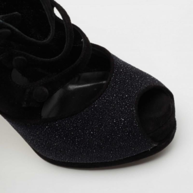 Fendi Black Suede and Glitter Peep Toe Booties Size 36 For Sale 4