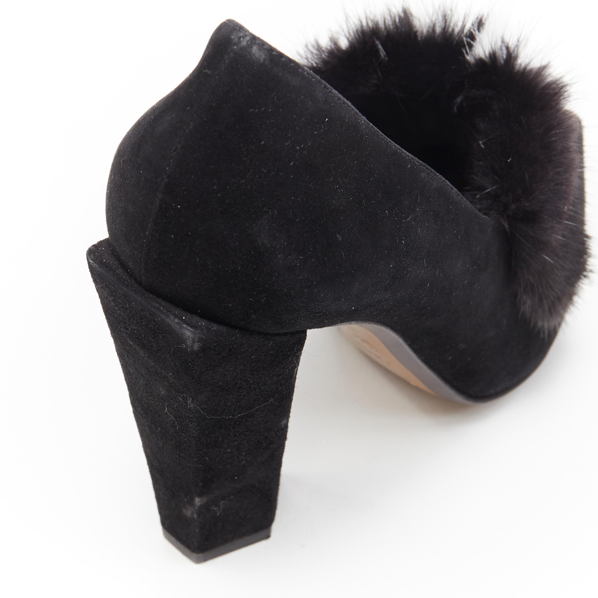 FENDI black suede black white mink fur front point toe chunky heel pump EU37.5 For Sale 3