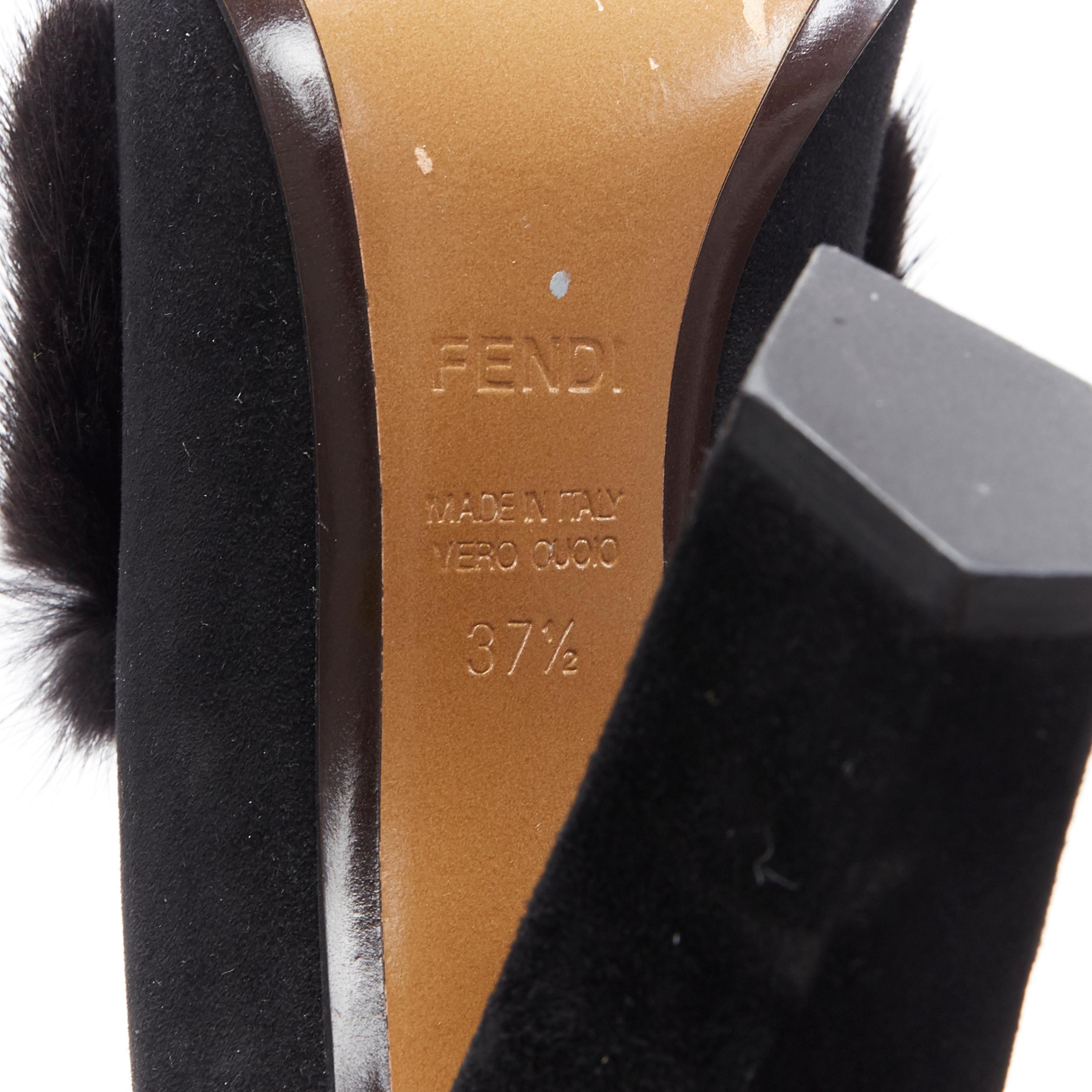 FENDI black suede black white mink fur front point toe chunky heel pump EU37.5 For Sale 4