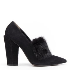 FENDI black suede black white mink fur front point toe chunky heel pump EU37.5