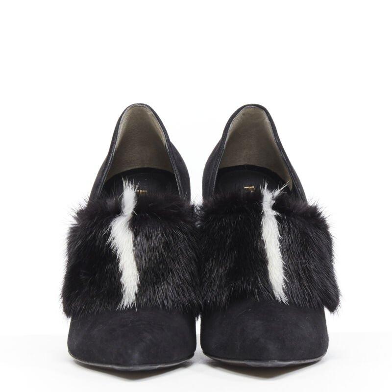 Noir FENDI escarpins à talons épais en daim noir et blanc avec bouts avant en fourrure de vison EU37,5 en vente