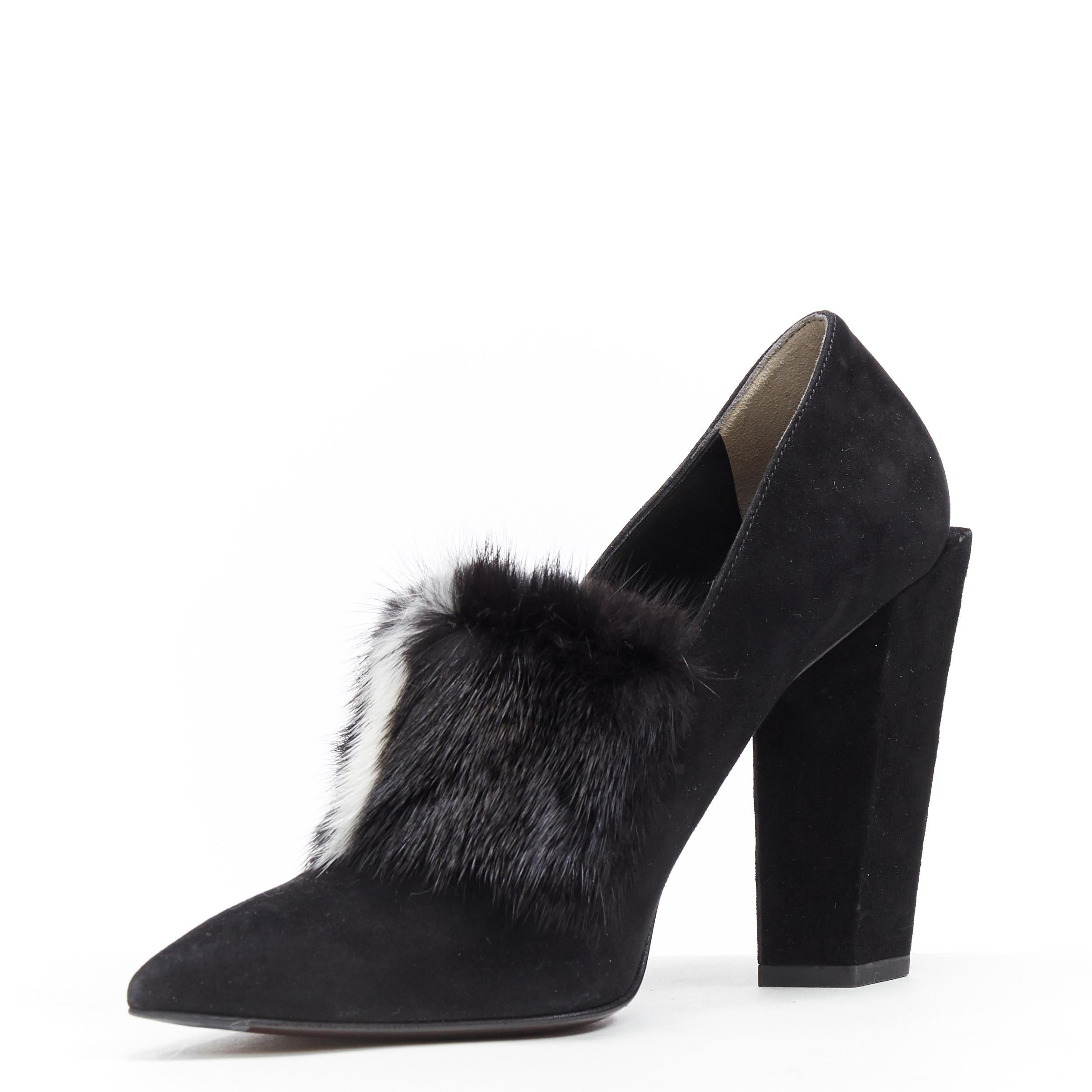 Black FENDI black suede black white mink fur front point toe chunky heel pump EU37.5 For Sale